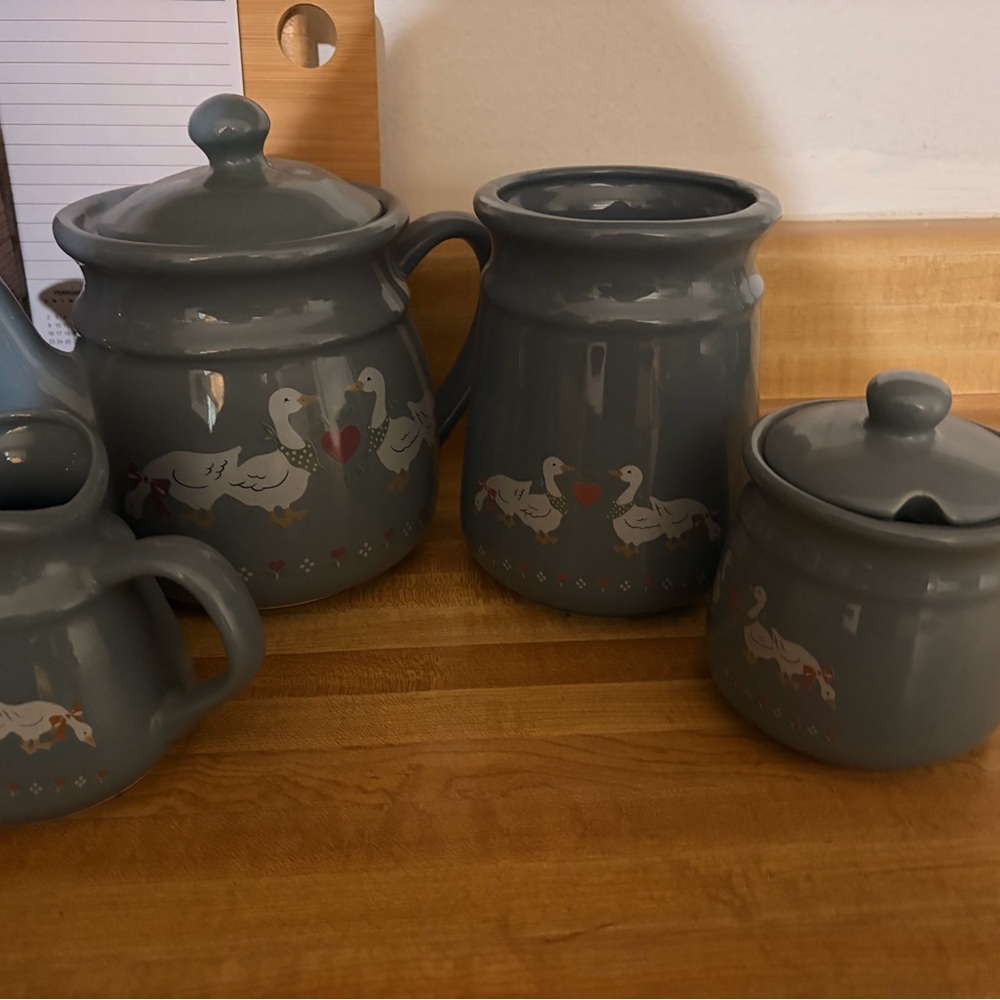 Vintage Blue Ceramic Tea Set with Goose Design